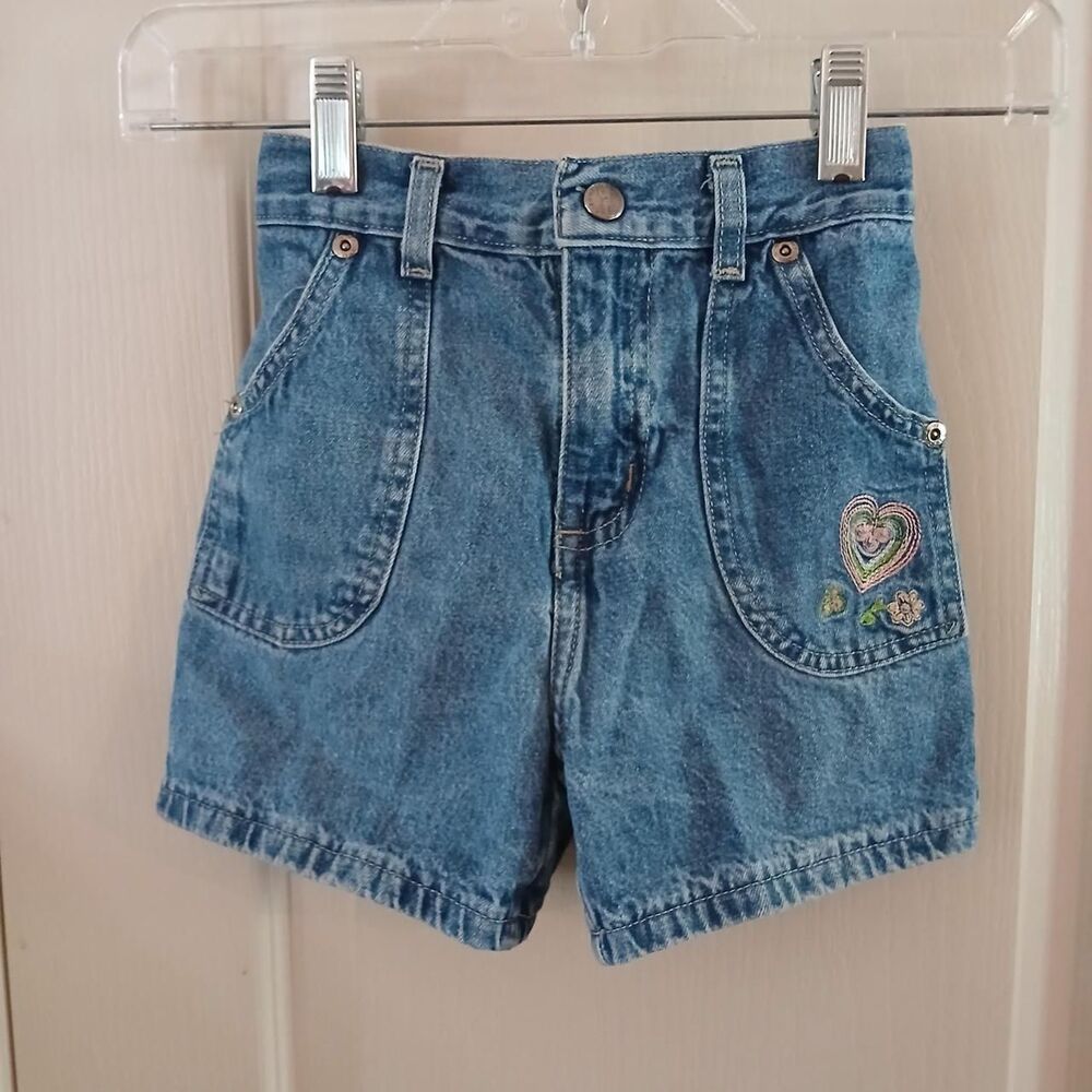 Vintage 90s denim shorts embroidered heart flower details front pocket 6 slim